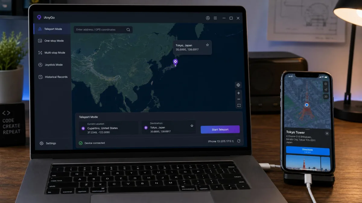 A desktop GPS spoofing app on a laptop with a world map, a teleport pin dropped on Tokyo, and an iPhone connected by a white USB cable beside the keyboard.