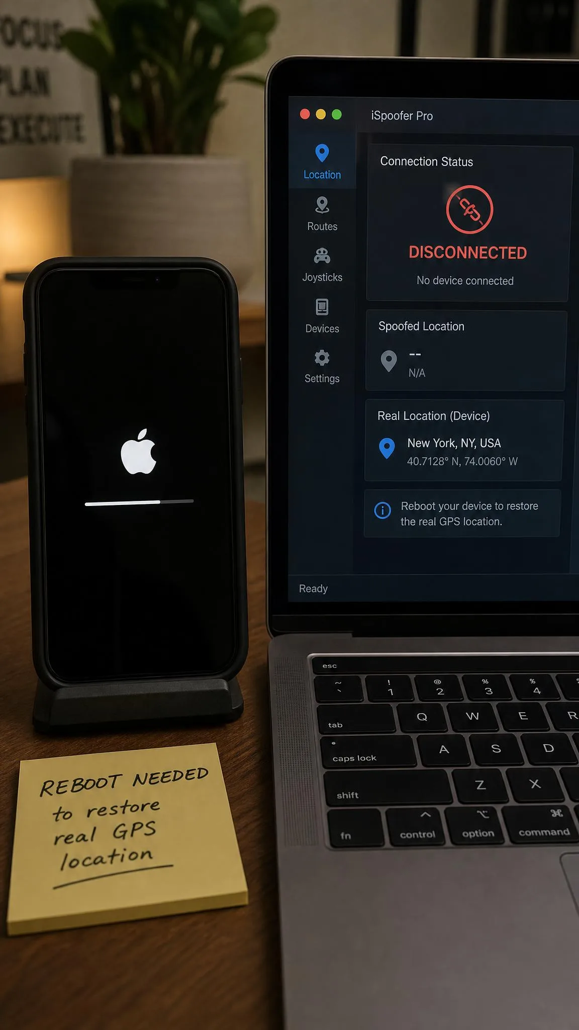 An iPhone home screen mid-restart beside a laptop showing a spoofing app disconnected, illustrating the reboot needed to restore the real GPS location.