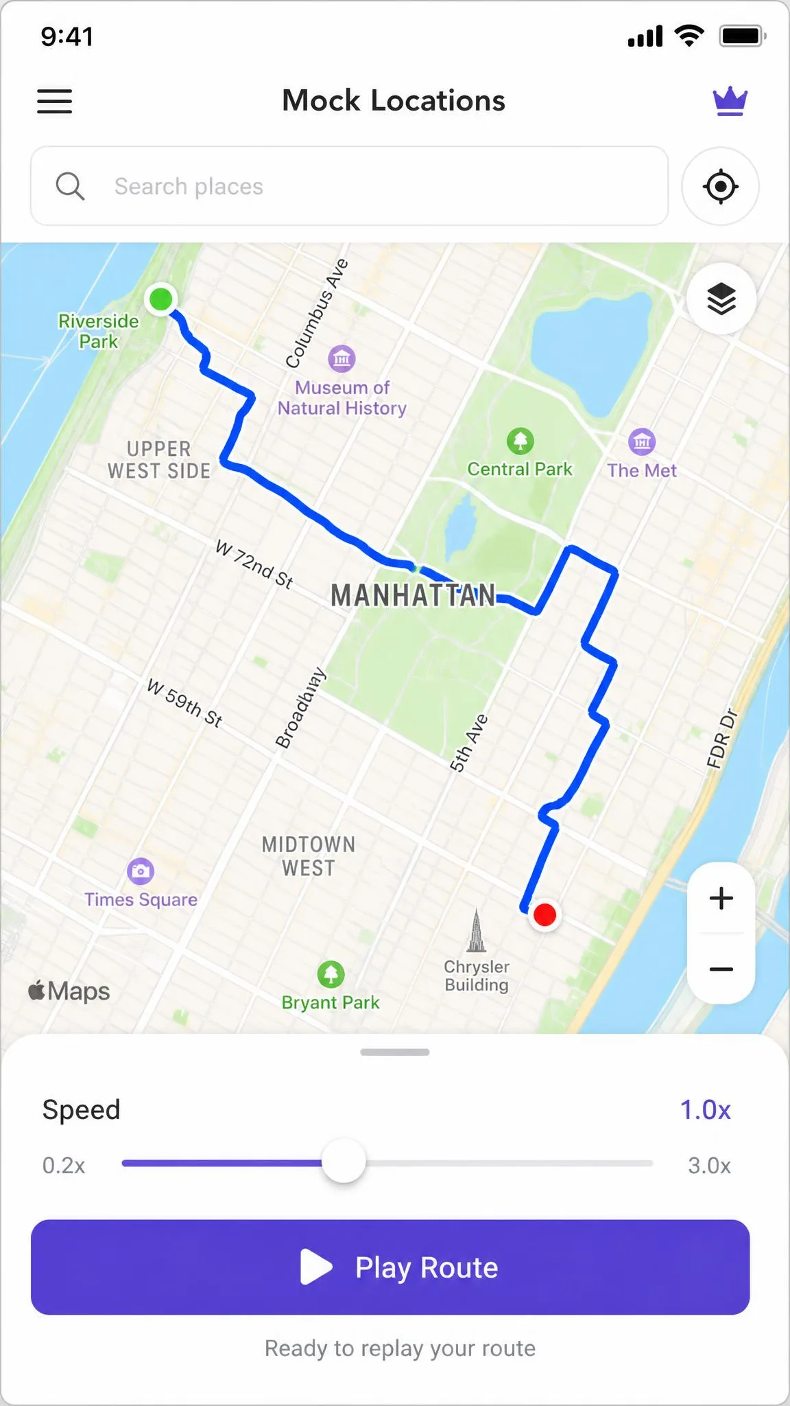 The Mock Locations app with a hand-drawn walking route traced across a city map, a speed slider at the bottom and a play button ready to replay the path.