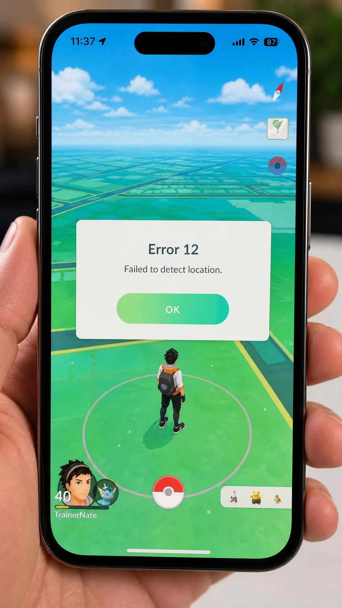 A phone showing the Pokemon GO Error 12 failed to detect location message over the game map, the usual symptom of a rejected spoofed position.