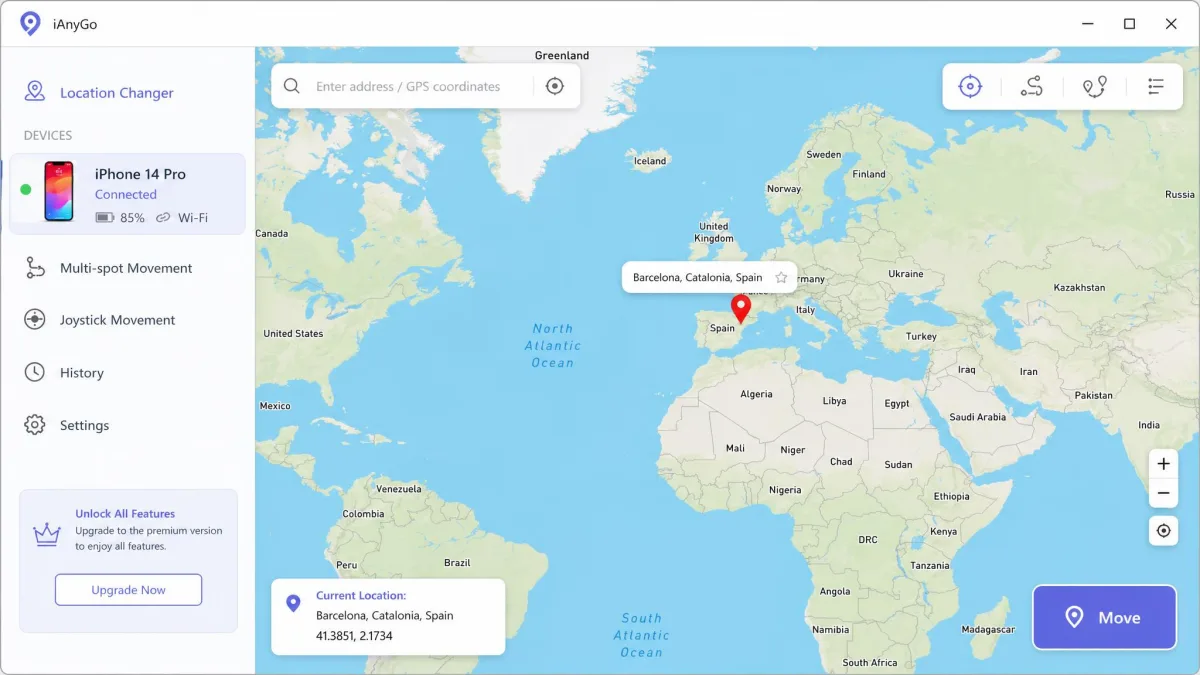 A Windows desktop location changer showing a world map with a red pin dropped on Barcelona, a connected iPhone listed in the sidebar, and a Move button in the lower right corner.