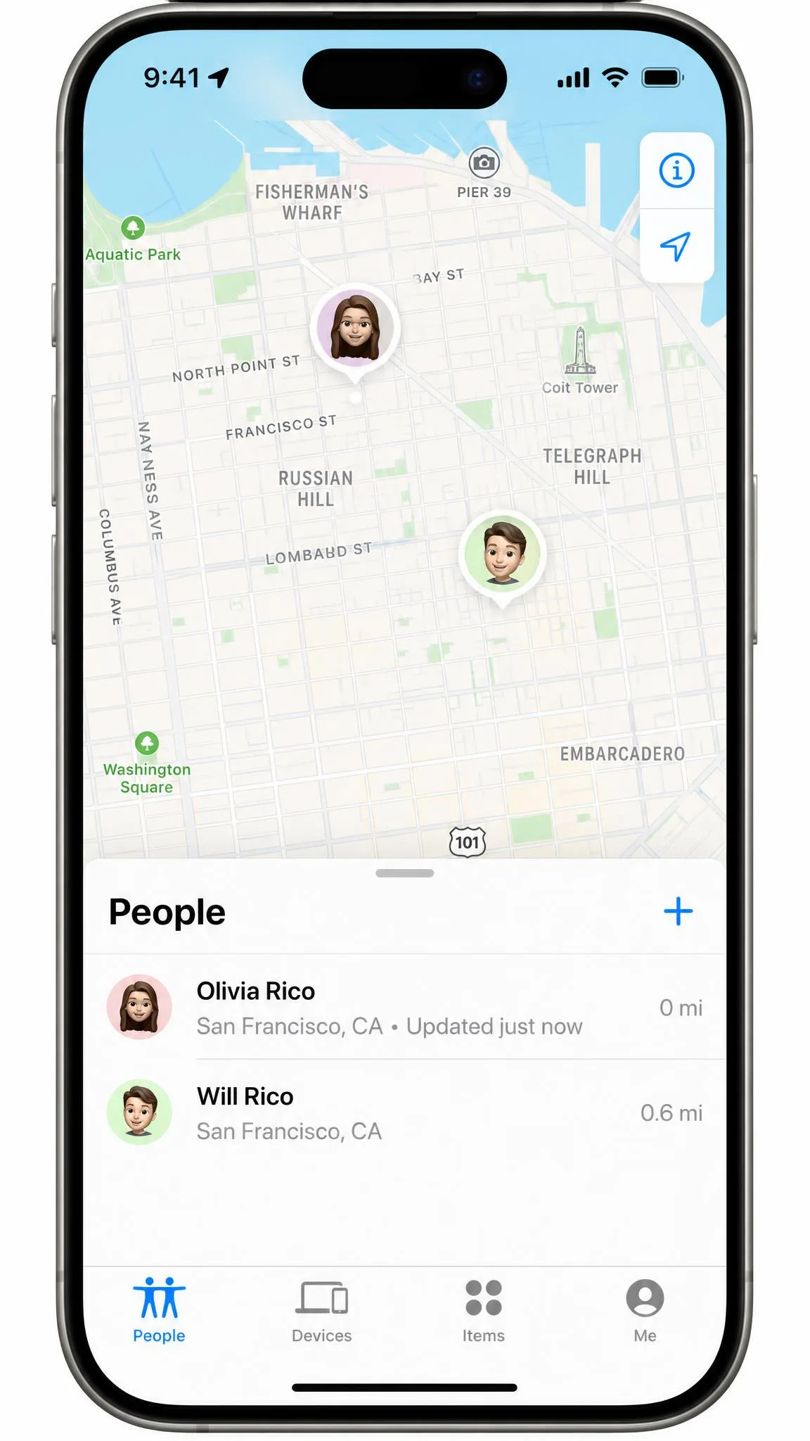 The Find My app on iPhone open to the People tab, showing two contacts with shared location pins on the map and an "Updated just now" timestamp under one name.