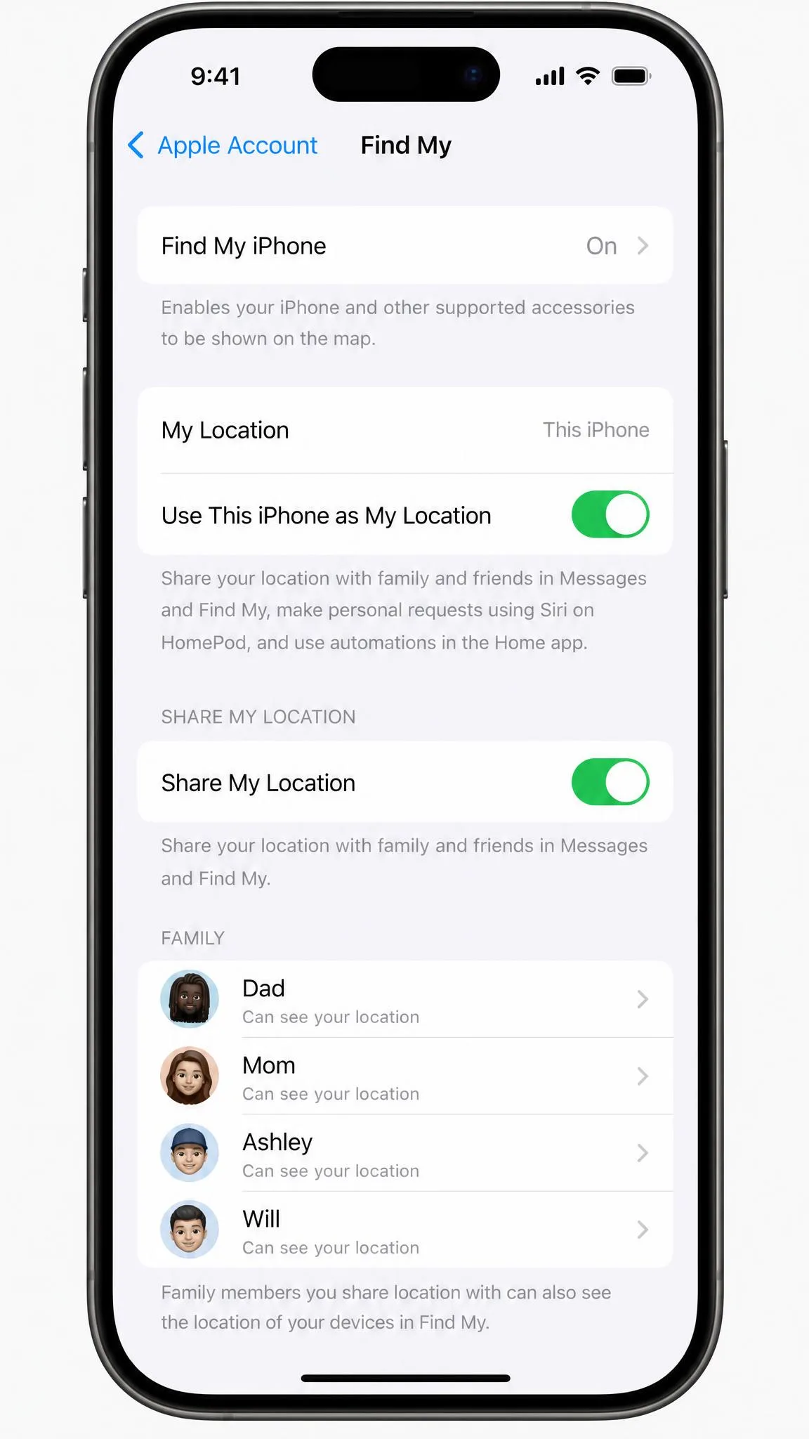 The iOS Settings screen at Apple Account then Find My, showing the "Use This iPhone as My Location" row on a spare iPhone with Share My Location toggled on.