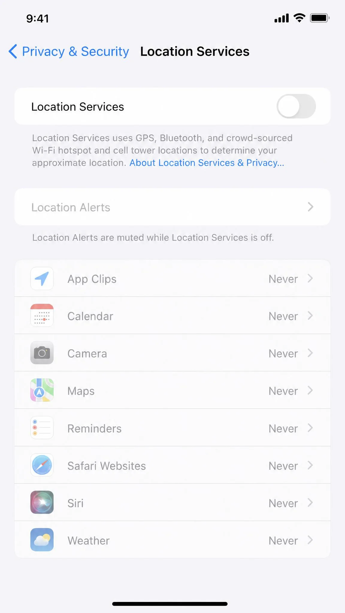 The iOS Settings app open at Privacy and Security then Location Services, with the master Location Services toggle switched off and a list of apps greyed out below it.