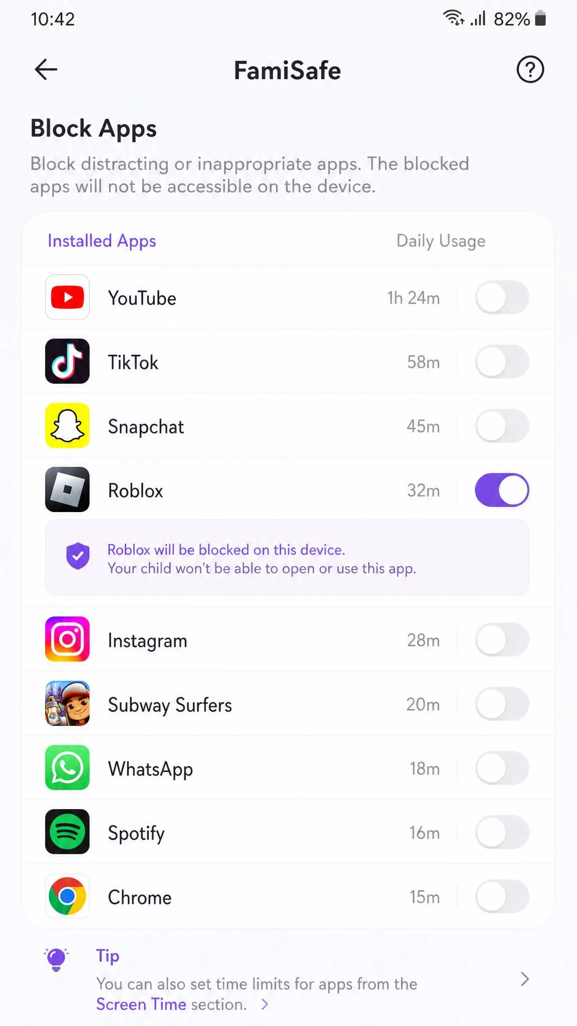 The FamiSafe app blocking screen listing installed apps on a child's Android phone with daily usage times beside each one and a toggle switched on to block a game.