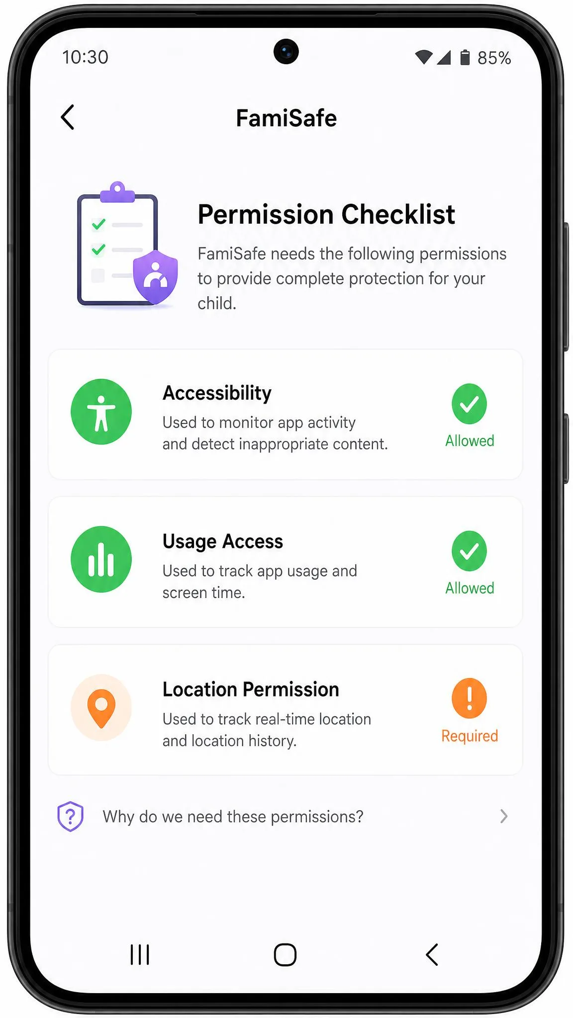 The FamiSafe kids app permission checklist on an Android phone, showing accessibility and usage access ticked green and location permission still marked as required in orange.