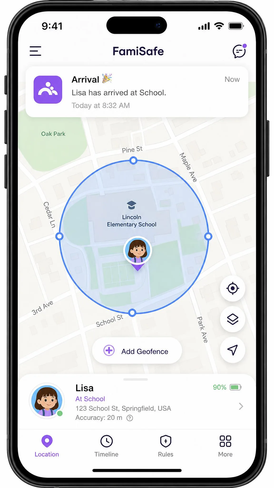 The FamiSafe location screen on a phone showing a map with a blue circular geofence drawn around a school, a child avatar pin inside it, and an arrival notification banner at the top.