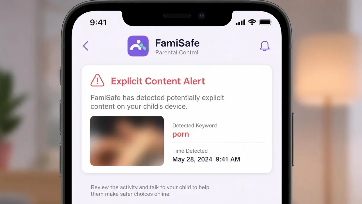 A FamiSafe explicit content alert opened on a parent phone, showing the app name, a blurred flagged image thumbnail, the detected keyword and a timestamp.