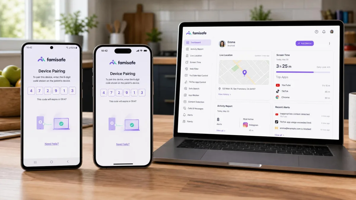 An Android phone and an iPhone side by side on a kitchen table, both showing the FamiSafe kids app pairing screen with a six-digit code, next to a laptop displaying the parent dashboard.