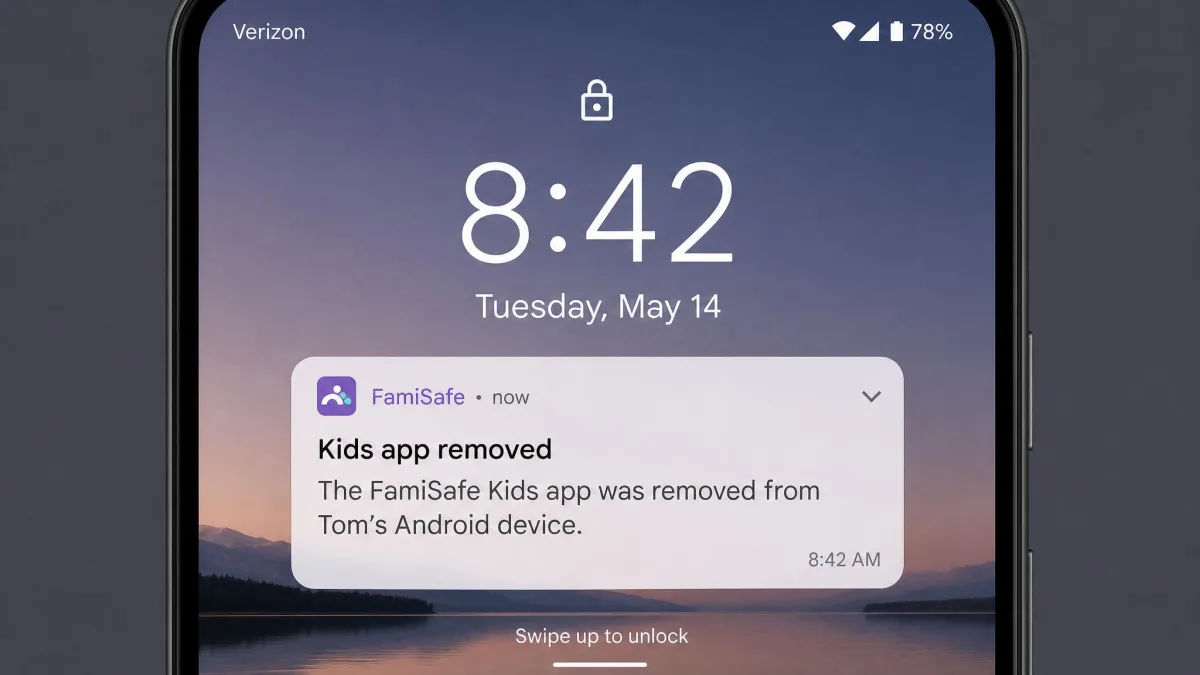 A parent's phone lock screen showing a FamiSafe push notification warning that the kids app was removed from a child's Android device, with a timestamp.