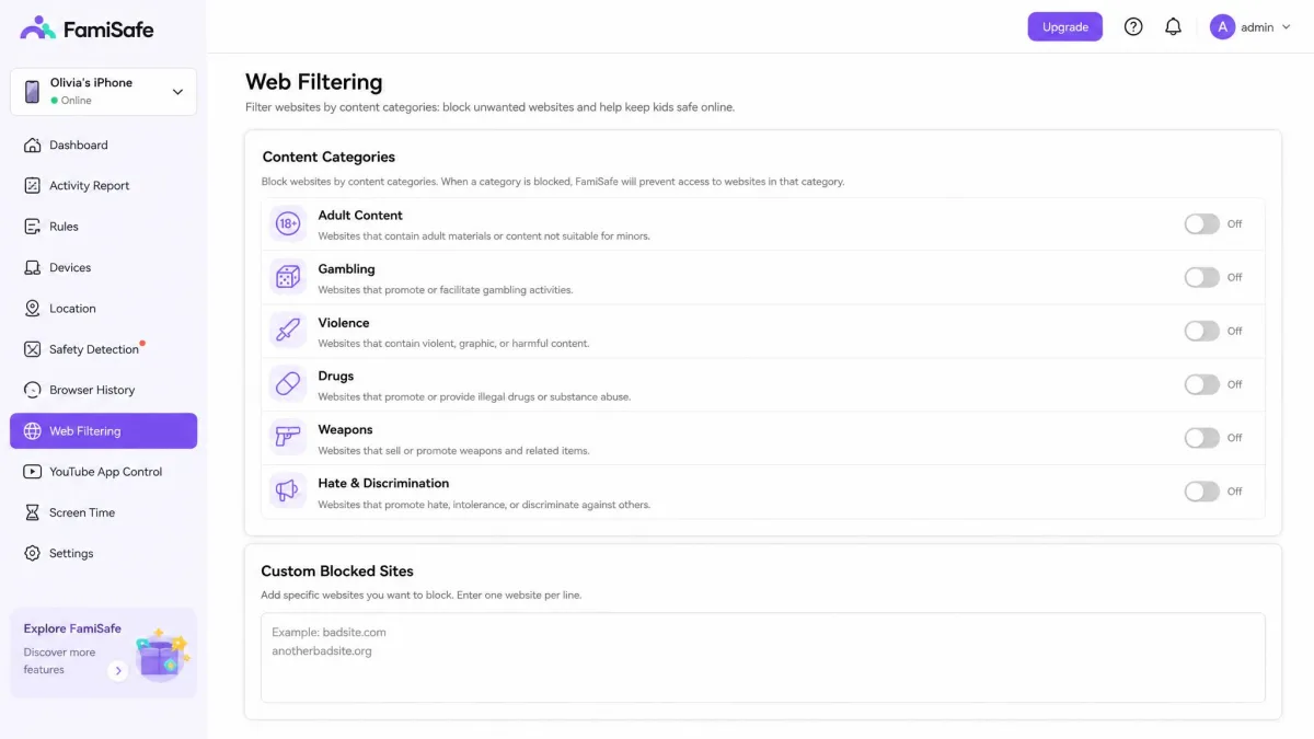 The FamiSafe web filtering settings showing content categories such as adult content, gambling and violence with switches turned off, and a custom blocked-site field below.