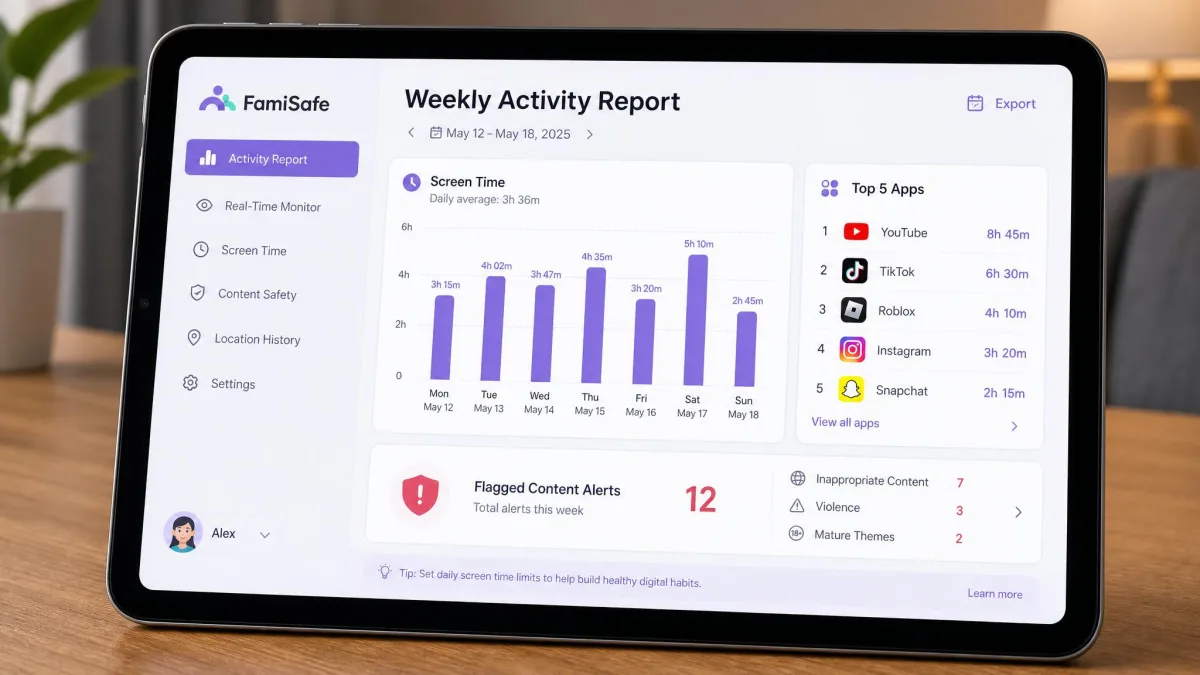 The FamiSafe weekly activity report on a tablet showing a bar chart of daily screen time across seven days, a top-five app list and a summary count of flagged content alerts.