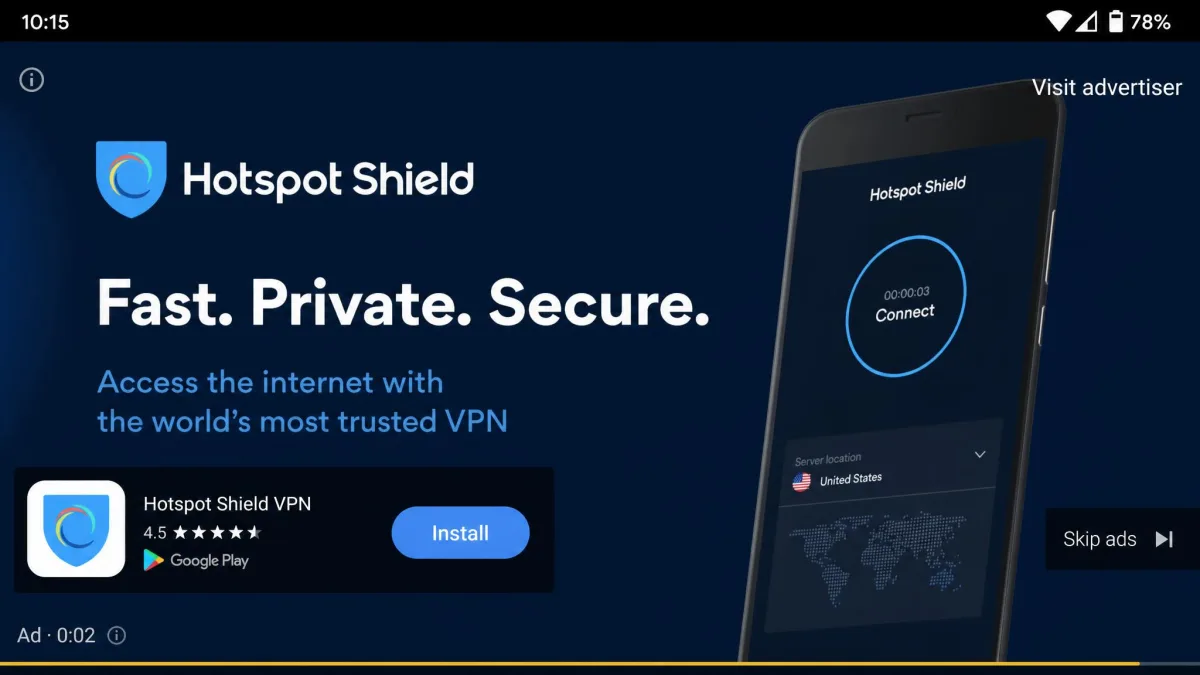 Hotspot Shield's free Android app showing a full-screen video ad after tapping connect.