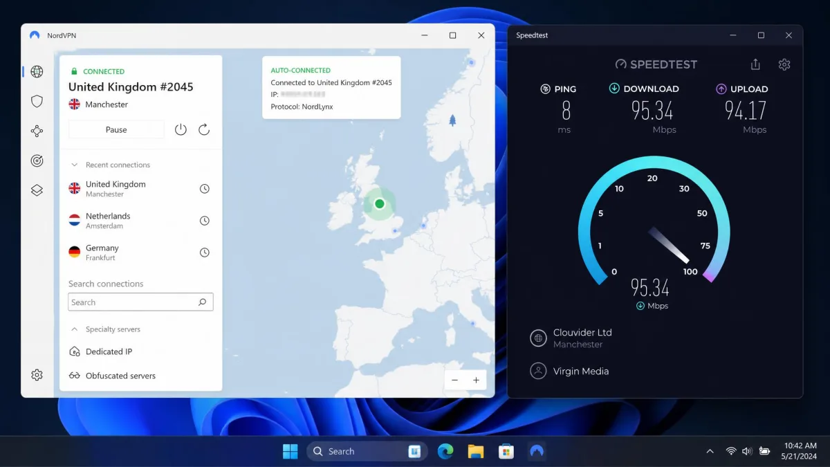 NordVPN's Windows app connected to a nearby server over NordLynx, beside a speed test showing mid-90s Mbps on a 100 Mbps line.