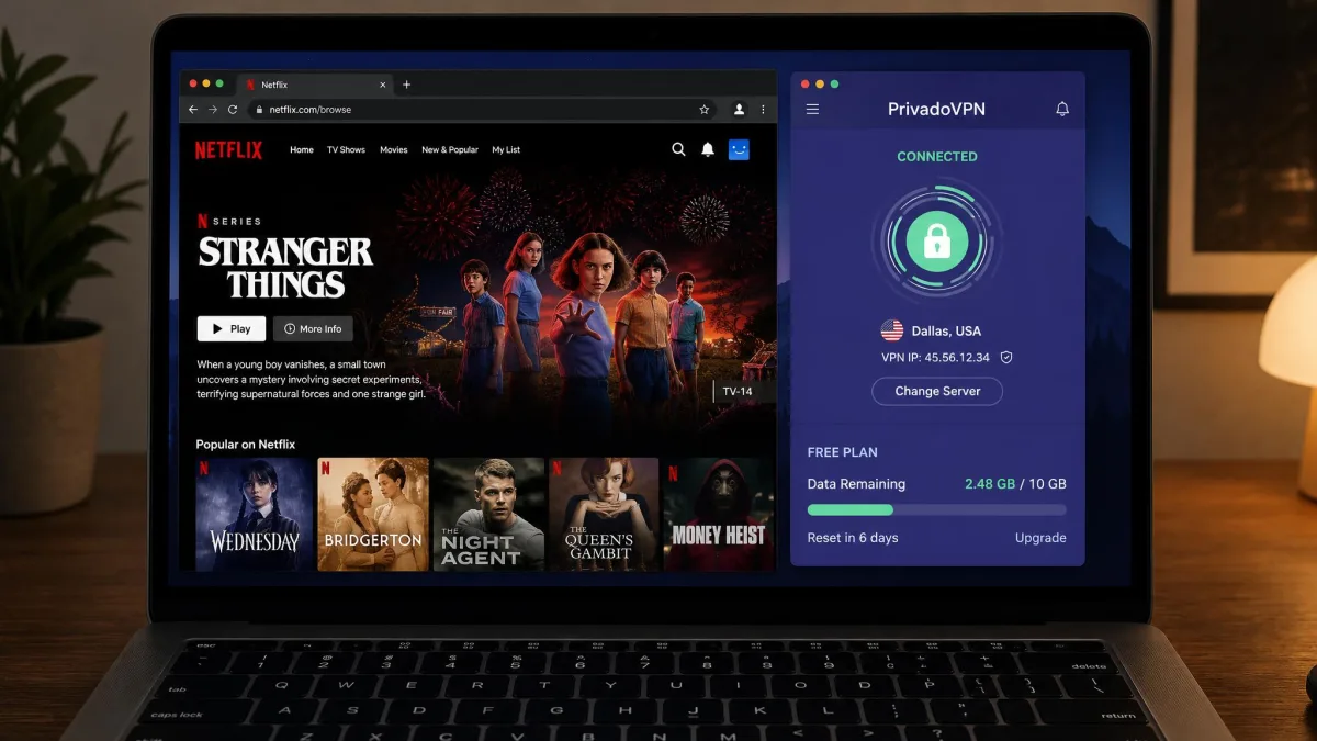 PrivadoVPN's free plan connected on a laptop with Netflix playing in a browser beside the app's free data counter.