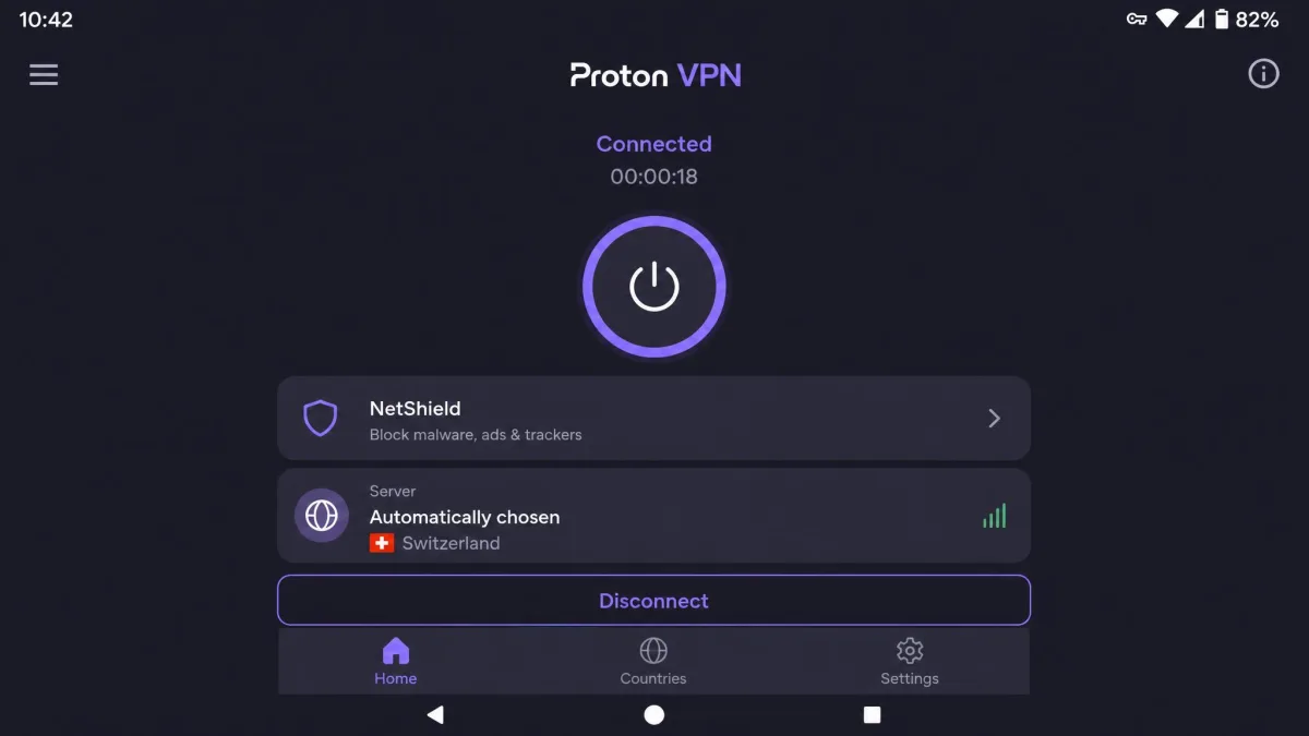 Proton VPN's Android app on the free plan, connected to an automatically chosen server with no ads on screen.