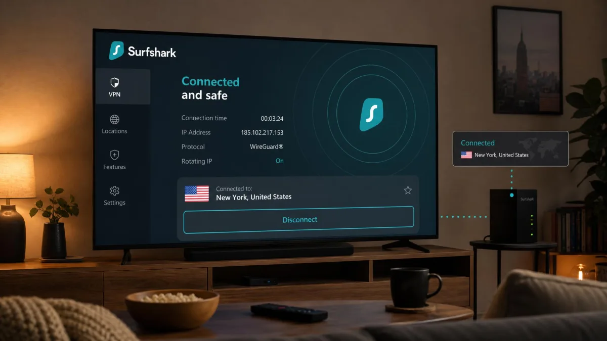 Surfshark's Fire TV app on a living-room television, connected to a nearby server.