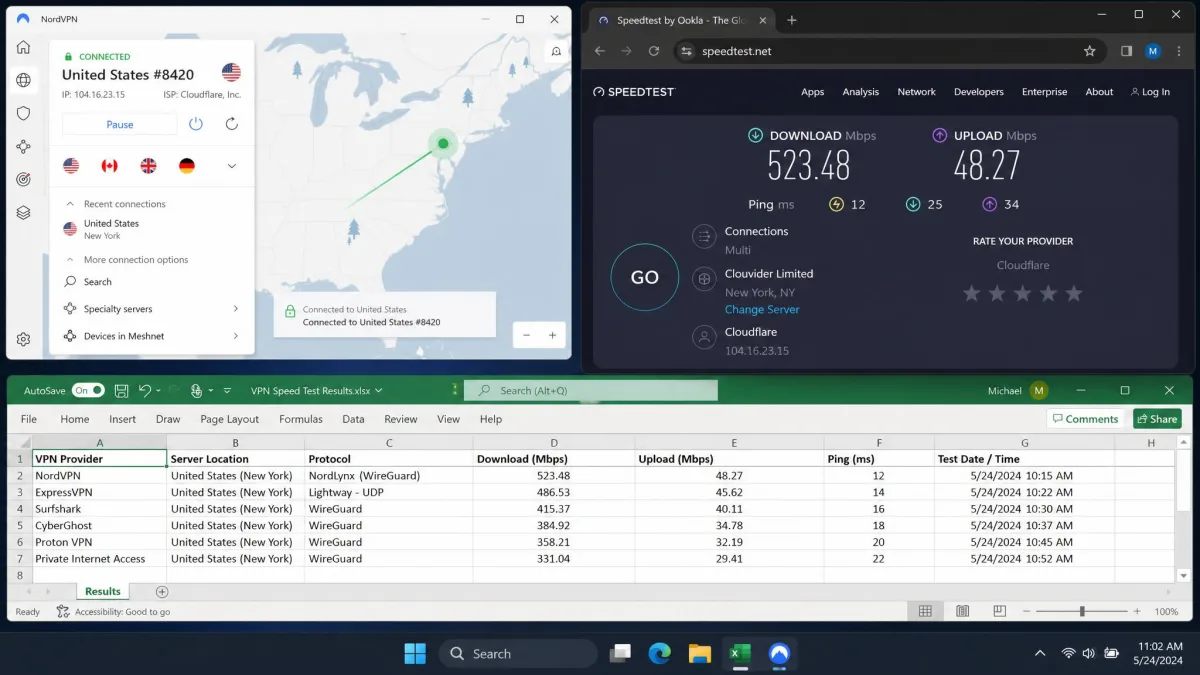A VPN client connected to a nearby server beside a browser speed test and a spreadsheet of download and upload results for several VPNs.