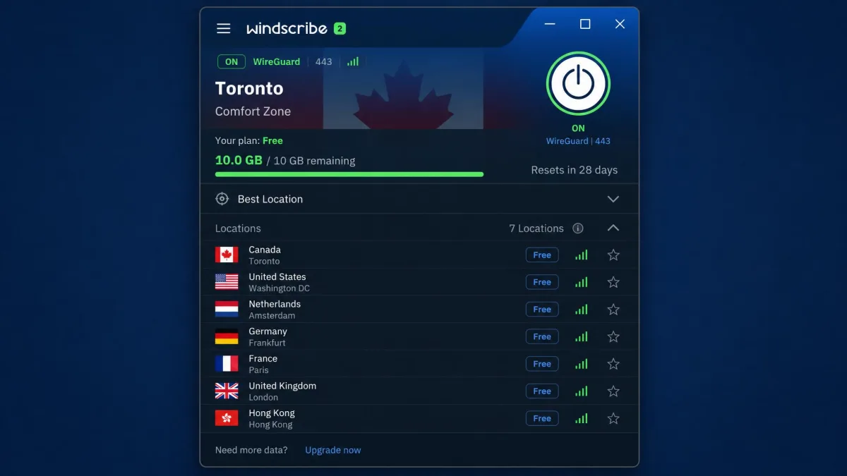 Windscribe's desktop app on the free plan showing the remaining monthly data and a list of free server locations.