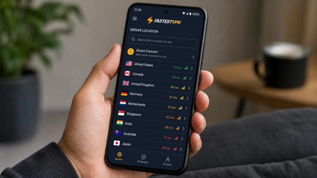 FastestVPN's Android app showing the server location list with a search bar at the top and country entries with latency indicators, on a phone held in one hand.