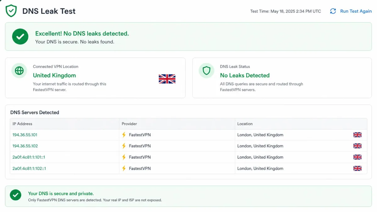 A DNS leak test results page showing only FastestVPN server addresses and the connected VPN country, with no trace of the original ISP, confirming a clean no-leak result.