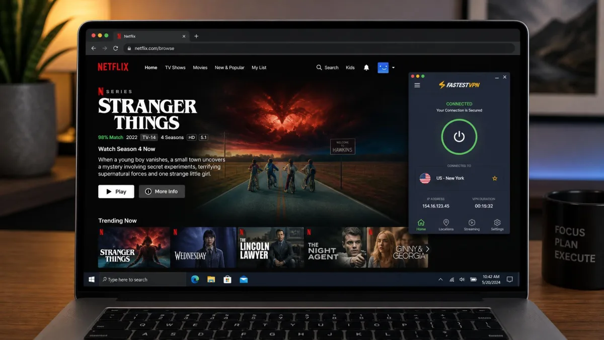 A laptop screen showing a US Netflix title page loaded successfully while connected to a FastestVPN US server, with the VPN app visible in a smaller window beside it.