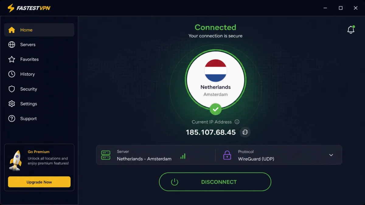 FastestVPN's Windows desktop app showing a connected session to a Netherlands server, with the large connect button, current IP address, and protocol selector visible on the main screen.