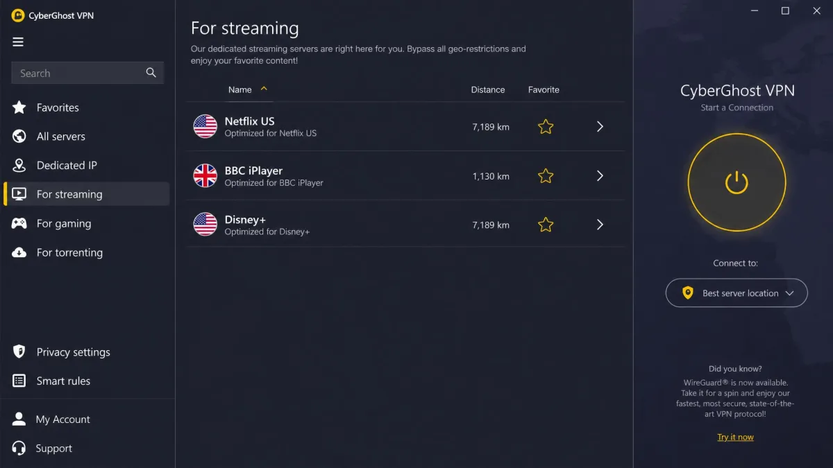 CyberGhost Windows app showing the For streaming server list, with servers labelled for Netflix US, BBC iPlayer and Disney+.