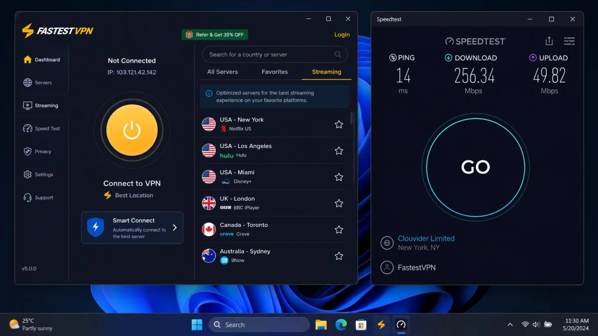 FastestVPN's Windows app showing the connect button and the server list with the streaming tab open, next to a speed test result.
