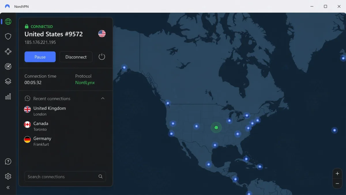 NordVPN's desktop app connected to a US server, showing the map view and the NordLynx protocol label in the connection panel.