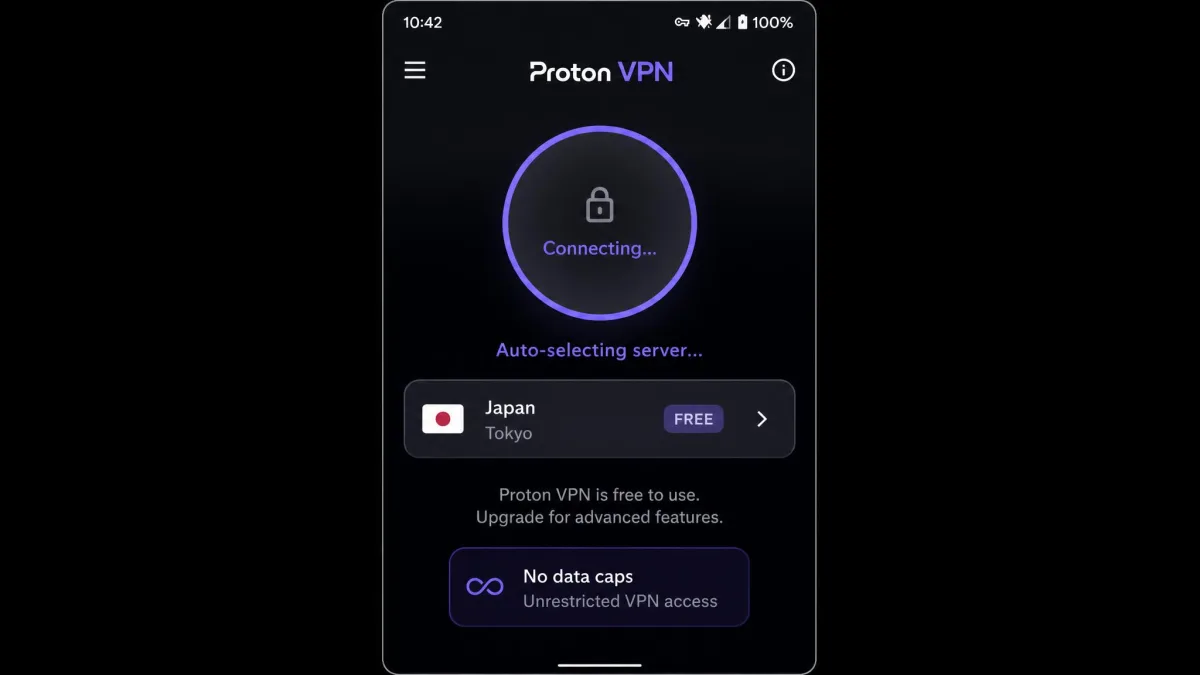 Proton VPN's free plan connection screen on an Android phone, showing an auto-selected server and the no-data-cap label.