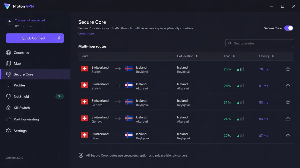 Proton VPN desktop app with the Secure Core tab open, listing multi-hop routes through Switzerland and Iceland servers.