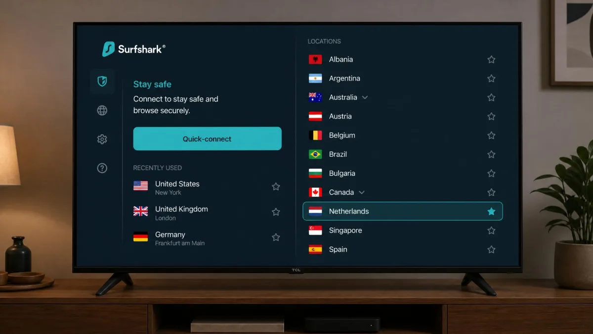 Surfshark's Fire TV app on a living-room TV, showing the quick-connect button and the country list with the Netherlands highlighted.