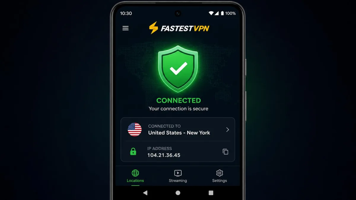 The FastestVPN Android app showing a connected status with a green shield, the connected country and IP address, and a bottom navigation bar for locations, streaming, and settings.