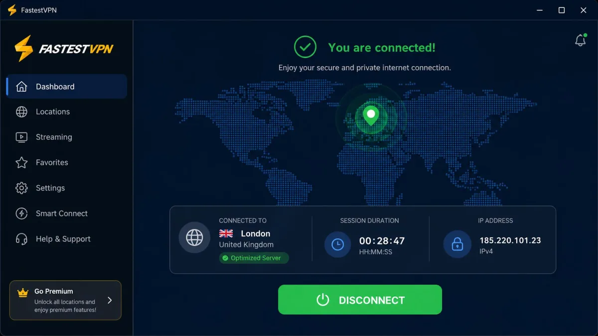 The FastestVPN desktop app showing a successful connection with a world map, the connected server city, session duration, and a prominent green disconnect button.