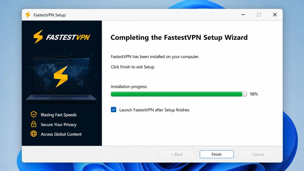 The FastestVPN Windows installation wizard on its final step, showing a progress bar near completion and a checkbox to launch the app after setup finishes.