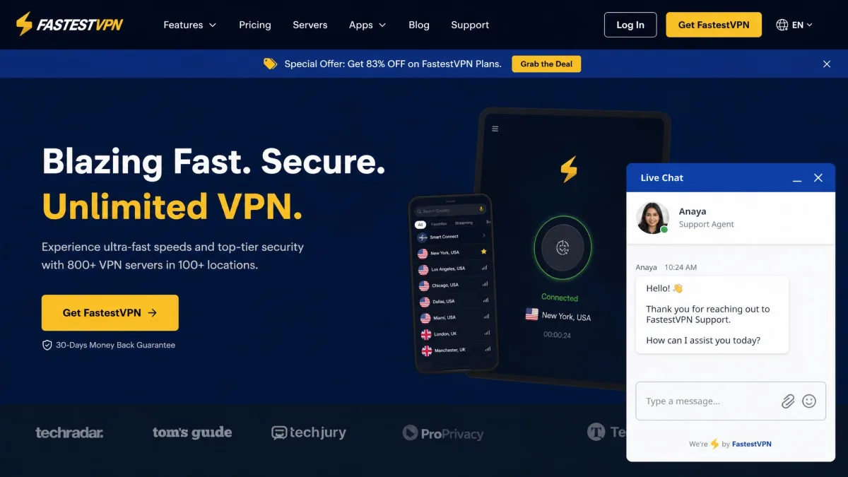 The FastestVPN website live chat window open in the corner of the screen, with a support agent message and a text box for typing a reply.