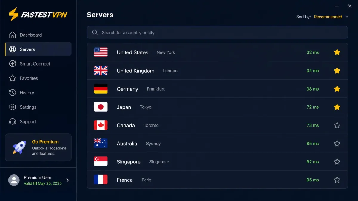 The FastestVPN server selection panel listing countries such as United States, United Kingdom, Germany, and Japan, with a search box at the top and star icons marking favorited locations.