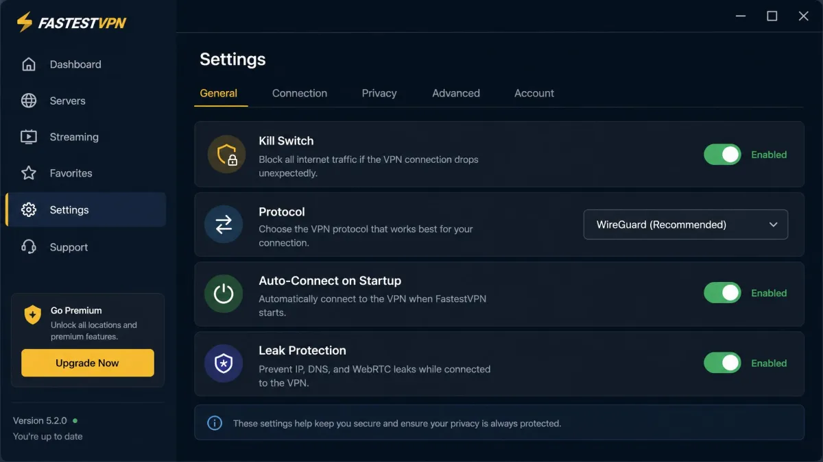 The FastestVPN desktop settings screen with the kill switch toggle enabled, alongside options for protocol selection, auto-connect on startup, and leak protection.