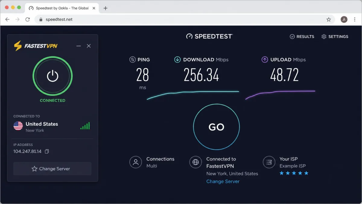 A browser speed test running while connected to FastestVPN, showing download and upload figures alongside the connected server country and the ping in milliseconds.