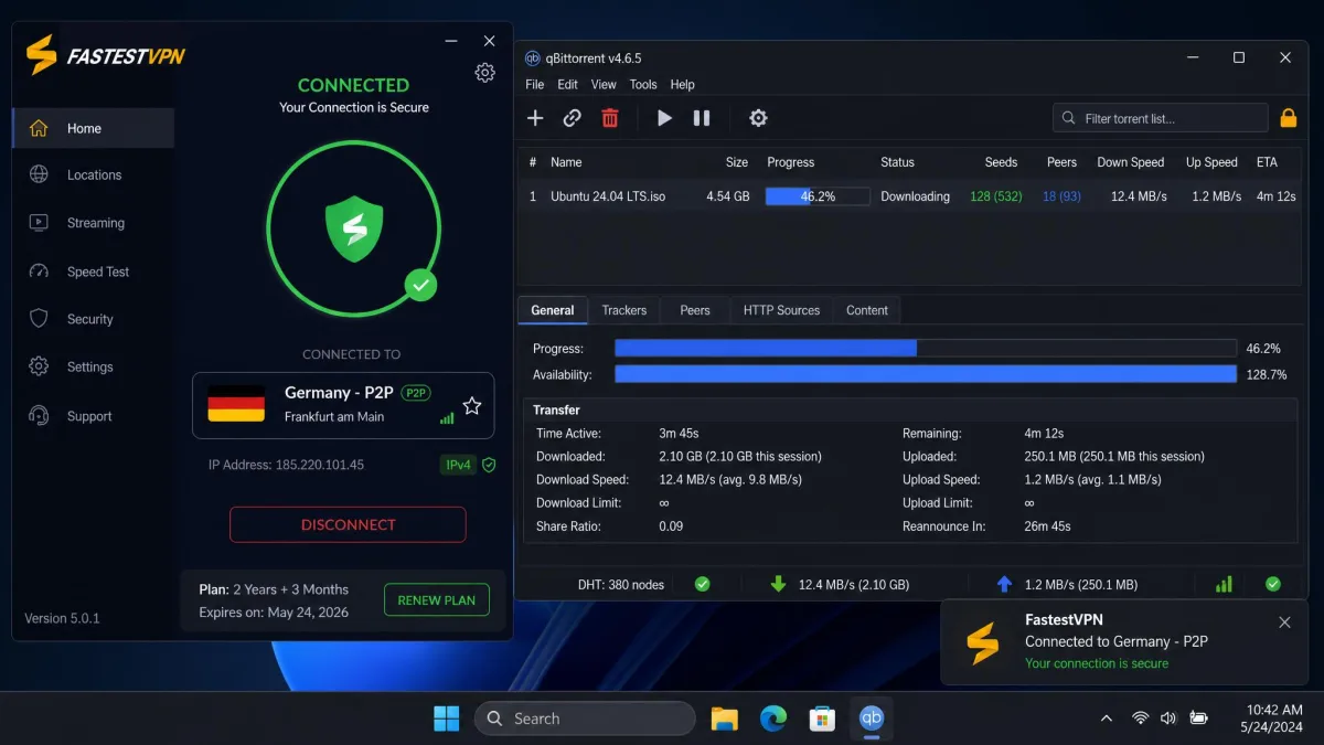The FastestVPN app connected to a P2P-optimized server in Germany while a torrent client downloads in the background, showing the protected connection status and transfer speed.