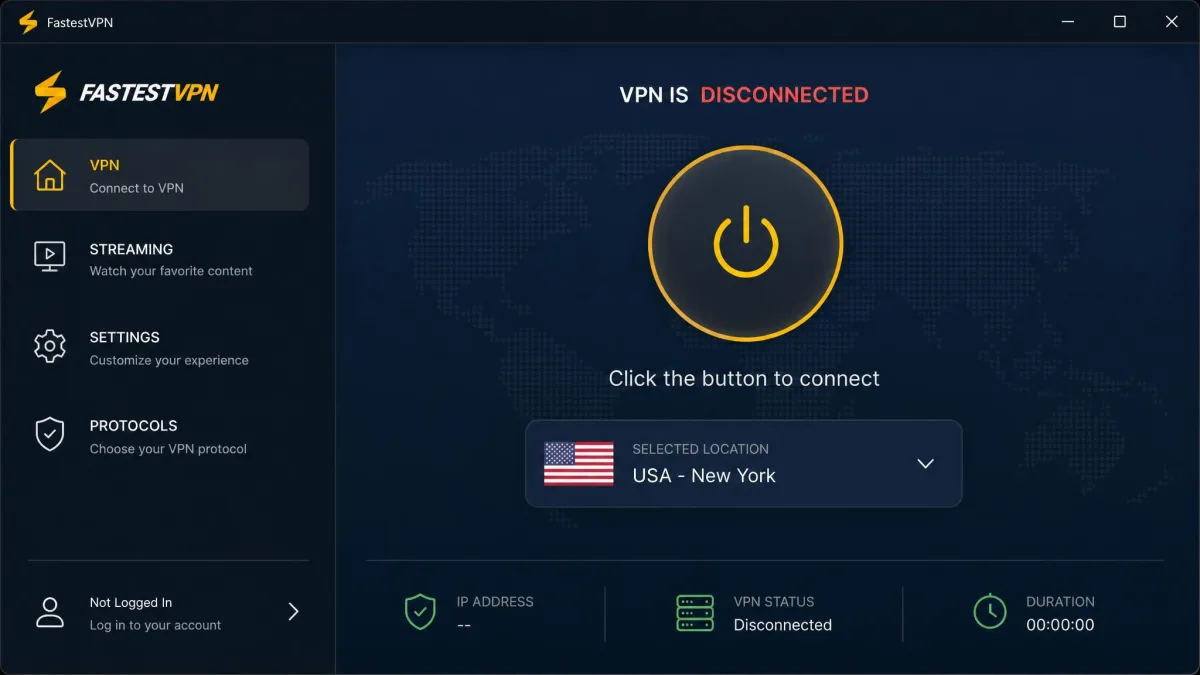 The FastestVPN Windows app open on its main connection screen, showing a large connect button, the currently selected server location, and the sidebar tabs for streaming, settings, and protocols.