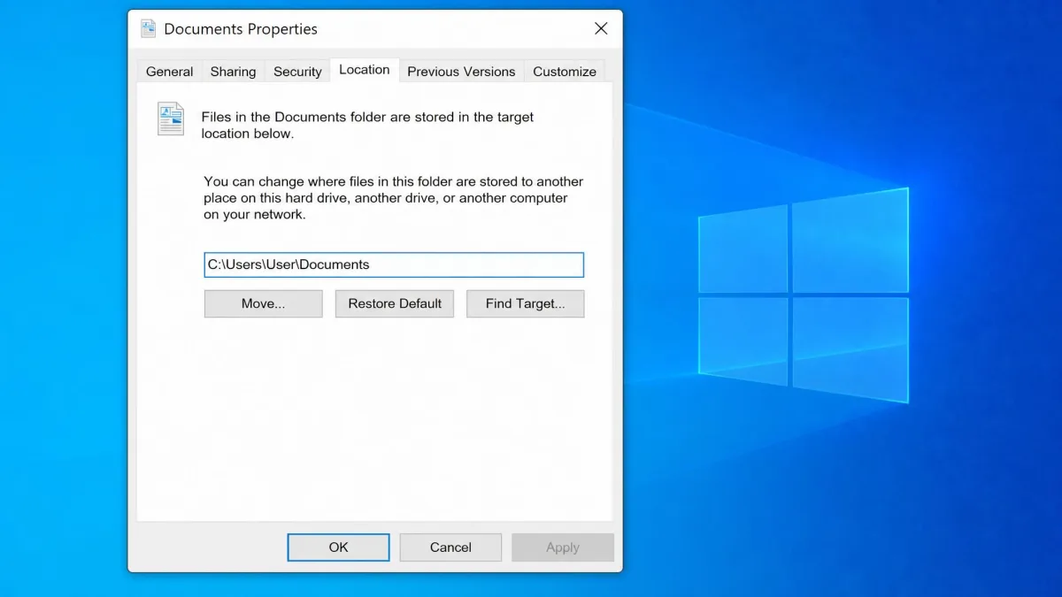 The Documents folder Properties dialog open on the Location tab, showing the current C: path in the text box with the Move, Restore Default and Find Target buttons below it.
