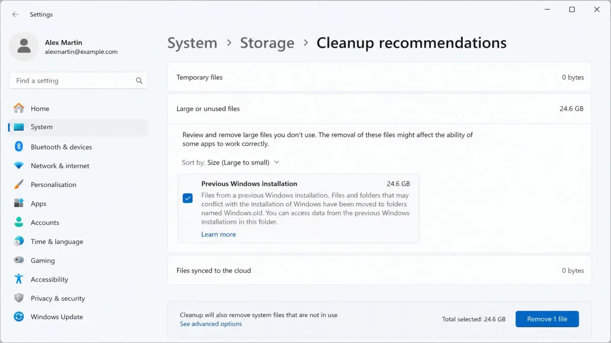 Windows 11 Cleanup recommendations page with the Large or unused files section expanded and a Previous Windows installation entry of 24.6 GB ticked ready for removal.