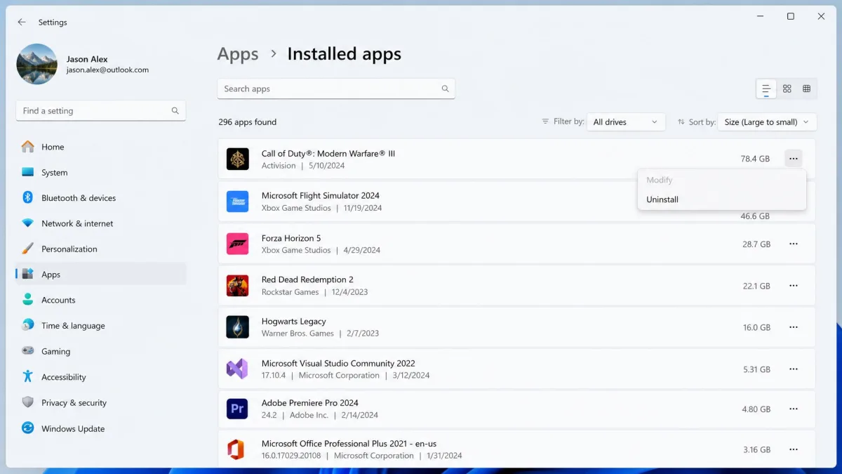 Windows 11 Installed apps settings page sorted by size, showing a large game at 78.4 GB at the top of the list with the three-dot uninstall menu open beside it.