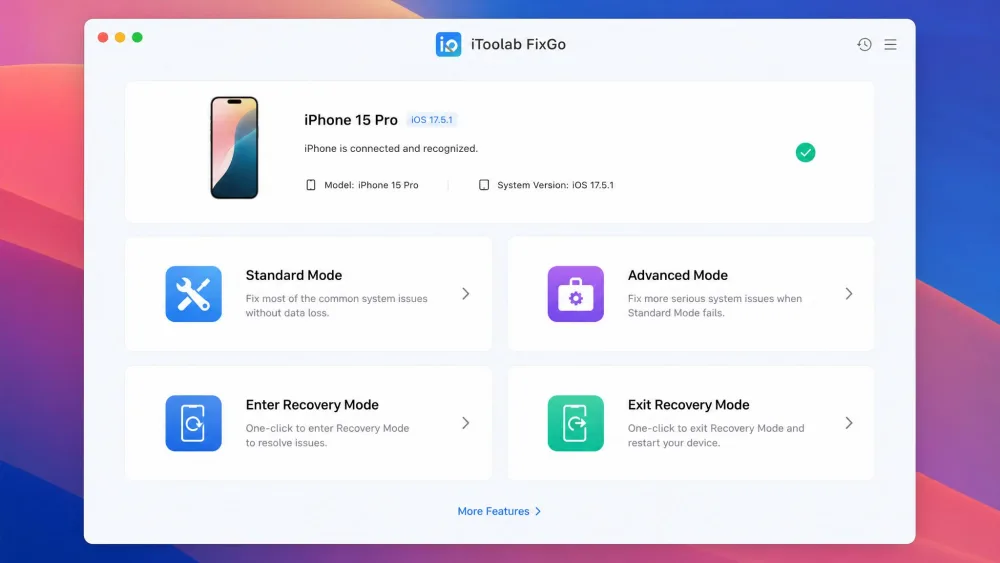 The iToolab FixGo main dashboard on macOS showing four action tiles including Standard Mode, Advanced Mode, and Enter/Exit Recovery Mode, with a connected iPhone detected at the top.