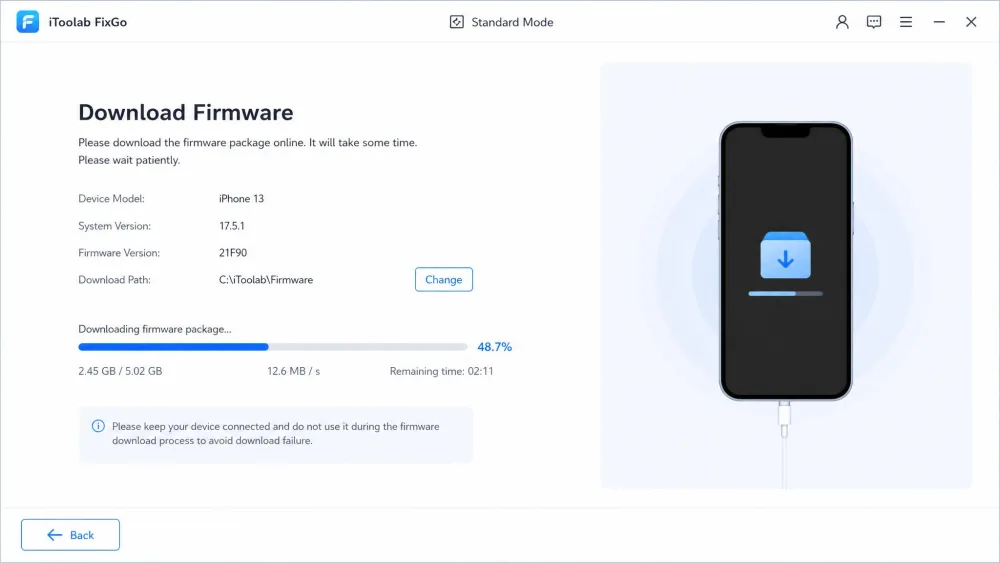 iToolab FixGo Standard Mode screen prompting the user to download firmware for a connected iPhone, with a progress bar partway through the download step.