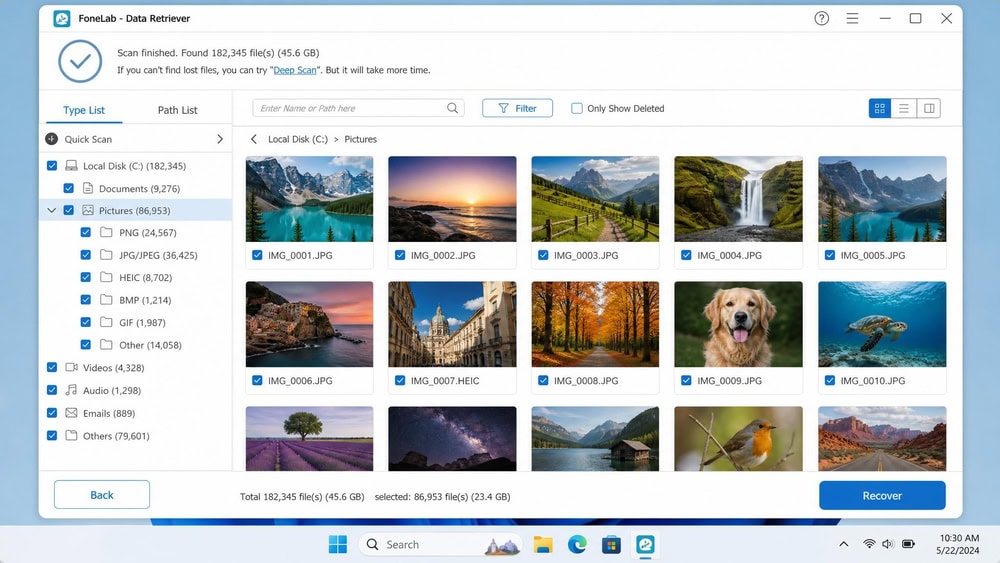FoneLab scan results on Windows 11 with the Photos category expanded, showing recoverable-image thumbnails and checkboxes.
