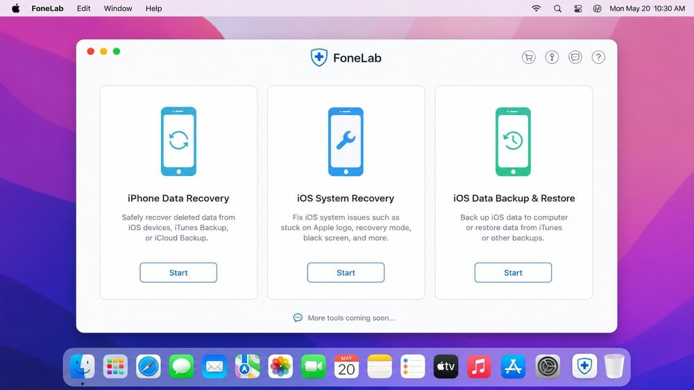 FoneLab launcher on macOS listing iPhone Data Recovery, iOS System Recovery, and iOS Data Backup & Restore as separate modules.