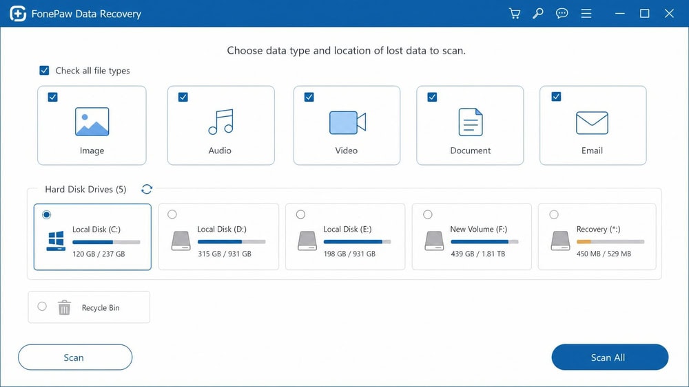 FonePaw Data Recovery home screen on Windows showing checkboxes for image, audio, video, document, and email file types above a drive-selection row.